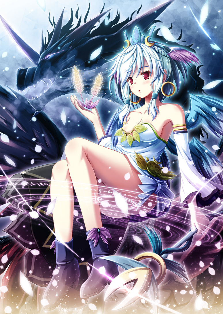 1girl, akashio_(loli_ace), ceres_(p&amp;d), dragon, earrings, evil_ceres_(p&amp;d), headdress, jewelry, puzzle_&amp;_dragons, red_eyes, staff, wheat, white_hair