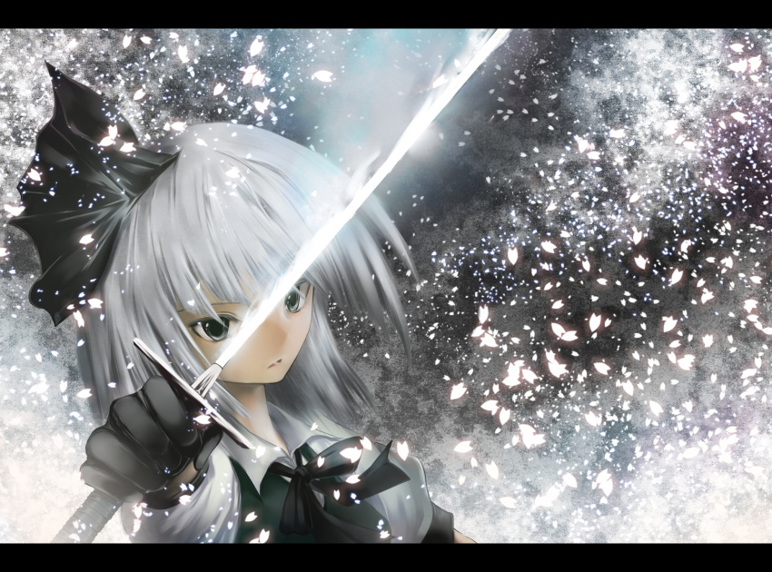 1girl, cherry_blossoms, eyelashes, foreshortening, gloves, grey_background, grey_eyes, hair_ribbon, highres, koneko_(purinkypix), konpaku_youmu, letterboxed, looking_at_viewer, puffy_short_sleeves, puffy_sleeves, ribbon, short_hair, short_sleeves, silver_hair, solo, sword, touhou, vest, weapon