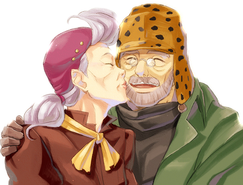1girl, beard, cheek_kiss, couple, facial_hair, glasses, gloves, grey_hair, hariyama_(toubou_tengoku), hat, husband_and_wife, jojo_no_kimyou_na_bouken, joseph_joestar, kiss, old_man, old_woman, ponytail, suzi_quatro, tuque