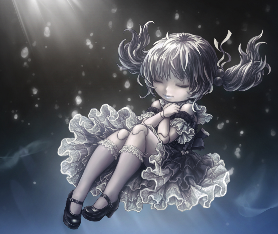 black_hair, child, closed_eyes, doll_joints, dress, floating, forbidden_fruit_(vocaloid), frills