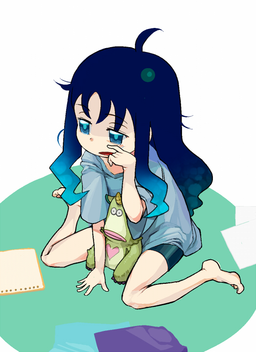 11_(dekopon3rd), 1girl, ahoge, bike_shorts, blue_eyes, blue_hair, casual, coupe