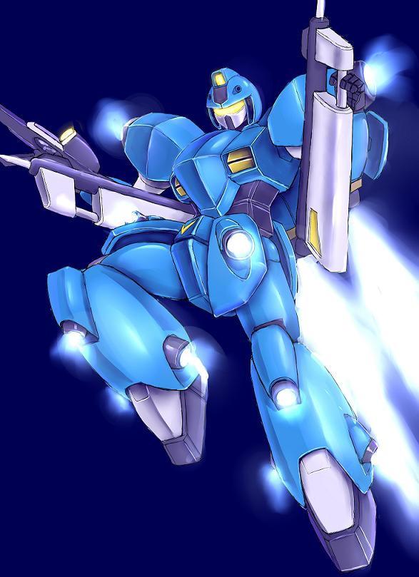 beam_rifle, glowing, glowing_eyes, gun, gundam, javelin_(gundam), lance, no_humans