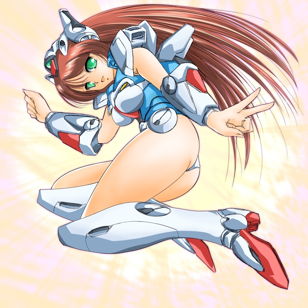 1girl, armor, ass, boots, breasts, brown_hair, green_eyes, gundam, long_hair, mecha, mecha_musume, mori_chu, open_mouth, redhead, smile, solo, v, v_gundam, victory_gundam, victory_gundam_hexa
