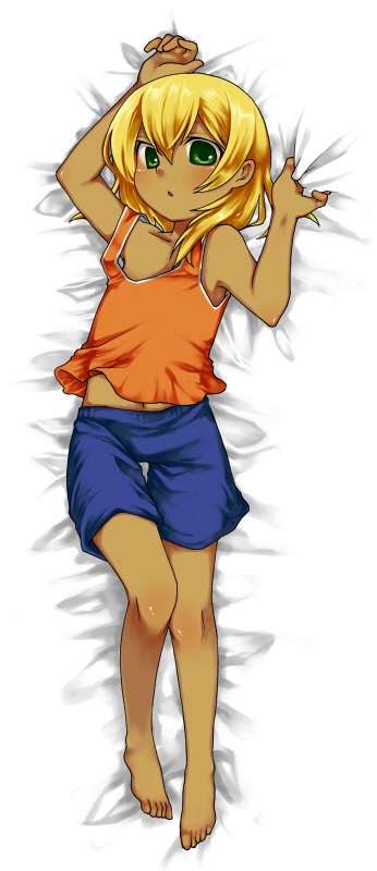 barefoot, blonde_hair, dakimakura, dark_skin, feet, green_eyes, inazuma_eleven, lying