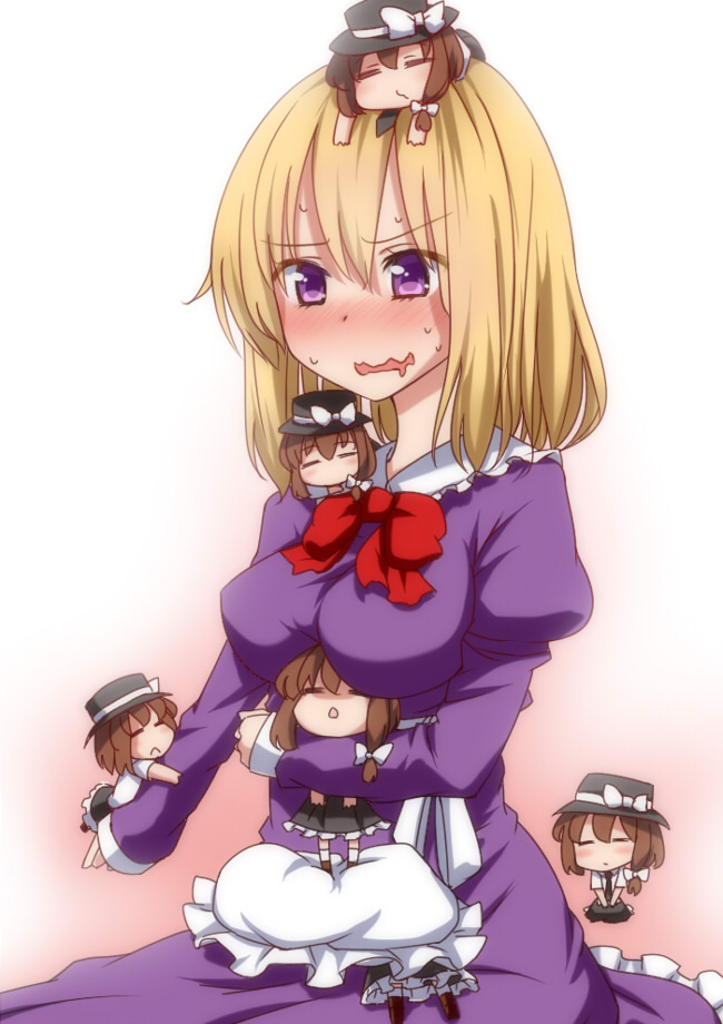 6+girls, =_=, blonde_hair, blush, brown_hair, dress, girl_on_head, hat