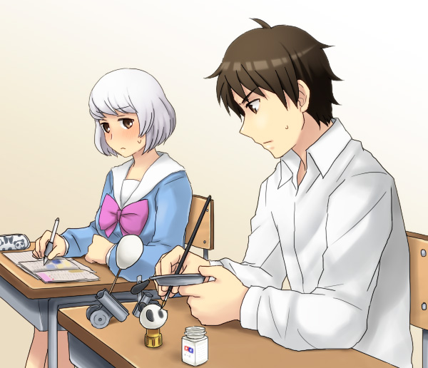 1boy, 1girl, black_hair, bow, chair, desk, notebook, painting, panda, pen, school_uniform, seki_toshinari, short_hair, silver_hair, sitting, sweatdrop, tonari_no_seki-kun, yokoi_rumi