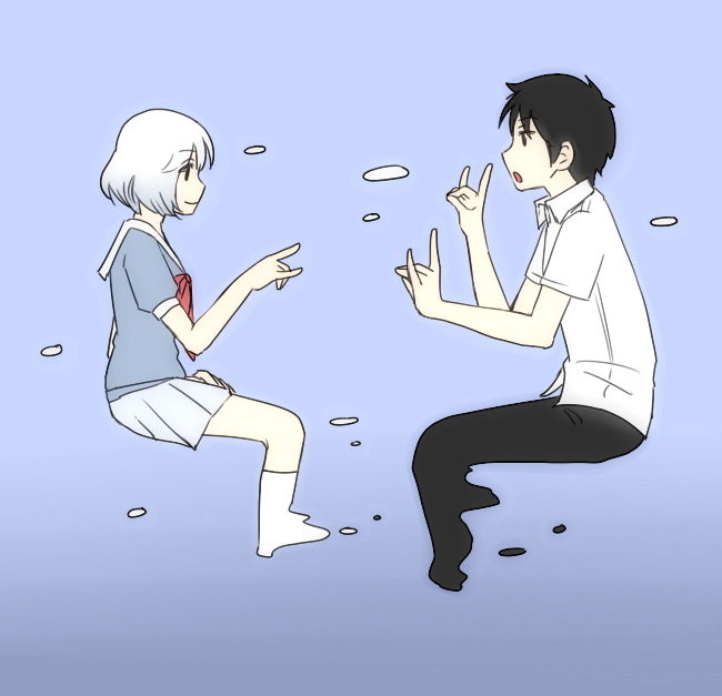 1boy, 1girl, black_eyes, black_hair, pants, school_uniform, seki_toshinari, short_hair
