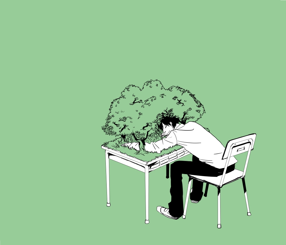 1boy, chair, desk, green_background, male, monochrome, nature, seki_toshinari