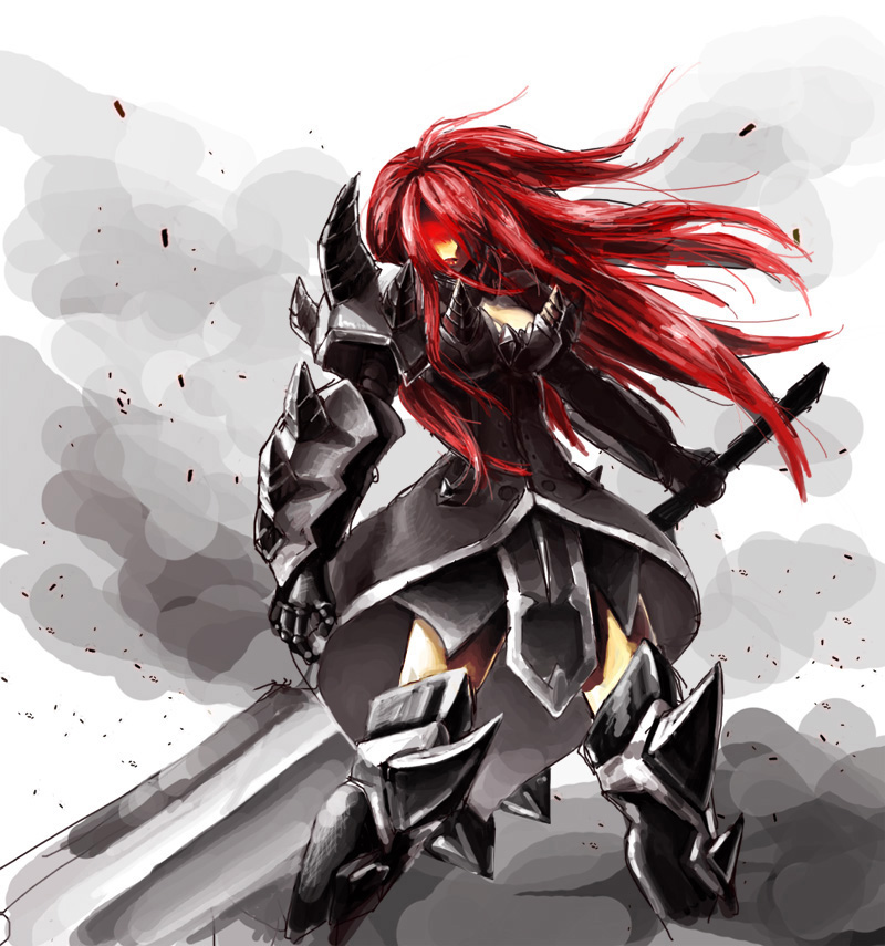 1girl, armor, breasts, debris, erza_scarlet, fairy_tail, gaiya, glowing, glowing_eyes, greaves, huge_weapon, long_hair, red_eyes, redhead, smoke, solo, spikes, weapon