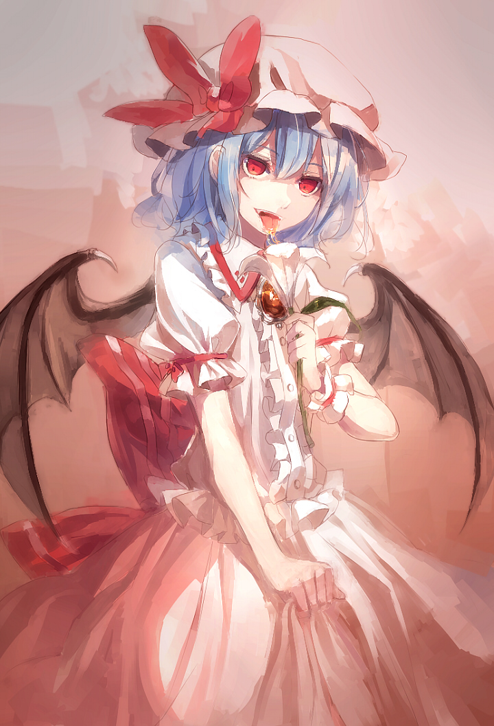 1girl, 60mai, bat_wings, blue_hair, bow, dress, flower, hat