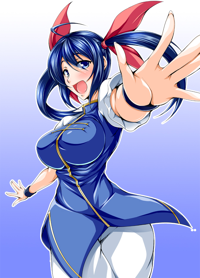 1girl, blue_eyes, blue_hair, breasts, fatal_fury, futaba_hotaru, kanten, large_breasts