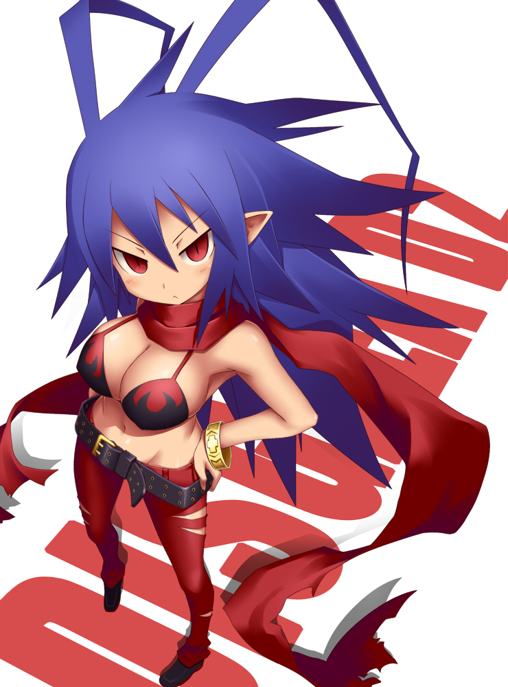 1girl, antenna_hair, bare_shoulders, belt, blue_hair, bracelet, breasts, cleavage, deku_(pixiv26269), disgaea, disgaea_d2, jewelry, laharl, laharl-chan, long_hair, looking_at_viewer, mound_of_venus, navel, pointy_ears, red_eyes, scarf, solo