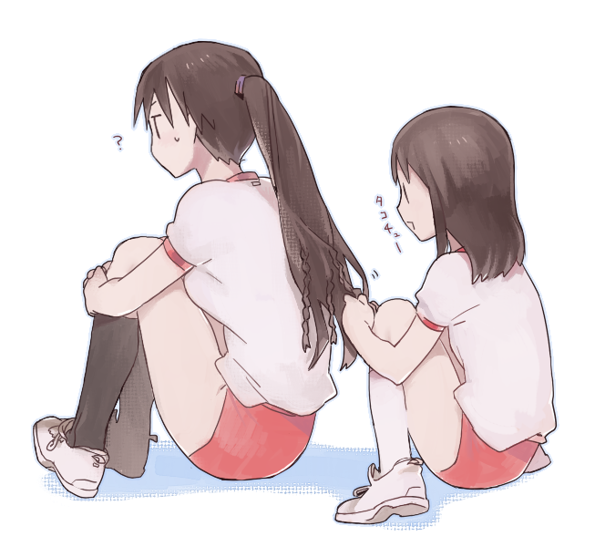 2girls, ?, azumanga_daioh, braid, braiding_hair, brown_hair, buruma, hair_dressing, hairdressing, kasuga_ayumu, kitaya, kneehighs, long_hair, multiple_girls, ponytail, sakaki, shoes, short_hair, sitting, |_|