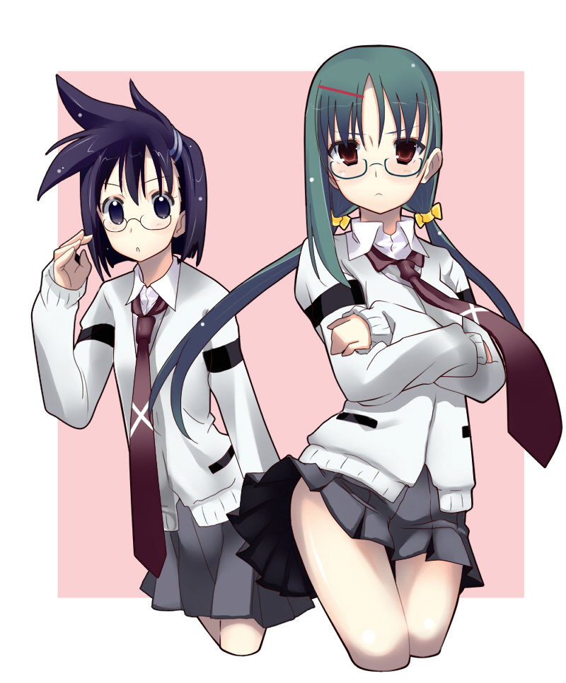 blue_hair, blush, chiaki555, crossed_arms, glasses, green_hair, hair_ornament, hairclip
