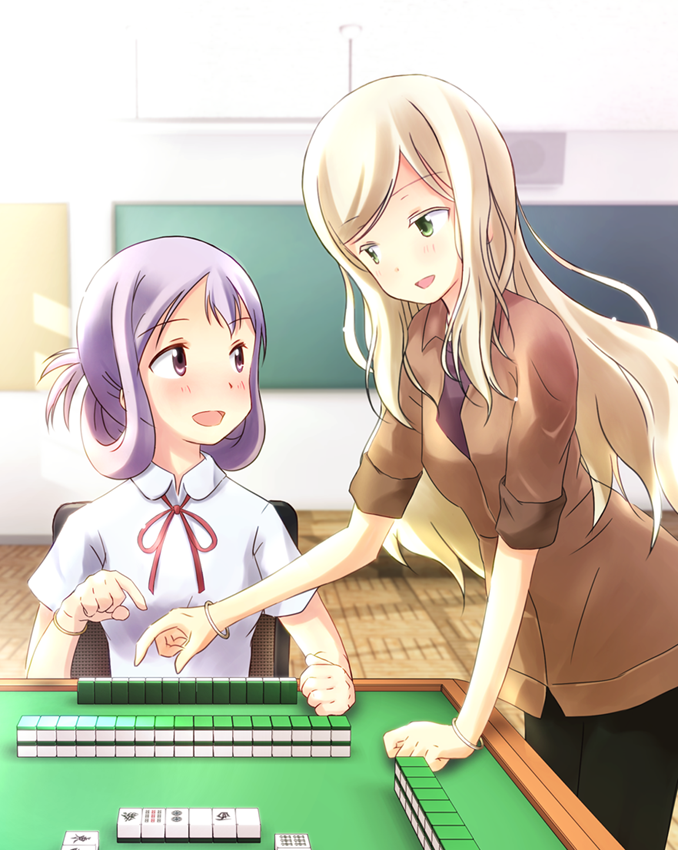 2girls, blush, kamo_(rsrk), kannou_(saki), long_hair, mahjong_tiles, multiple_girls, purple_hair, saki, sitting, smile, suehara_kyouko