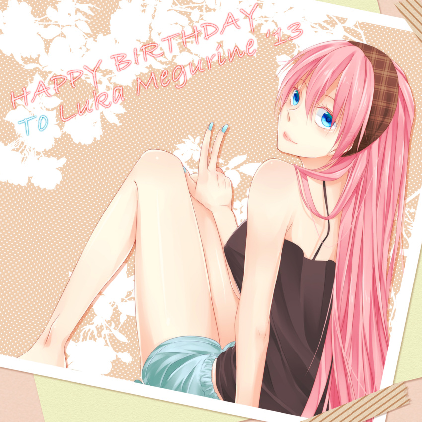 blue_eyes, hairband, happy_birthday, looking_back, megurine_luka, mozukugumi, nail_polish, photo_(object), pink_hair, v, vocaloid