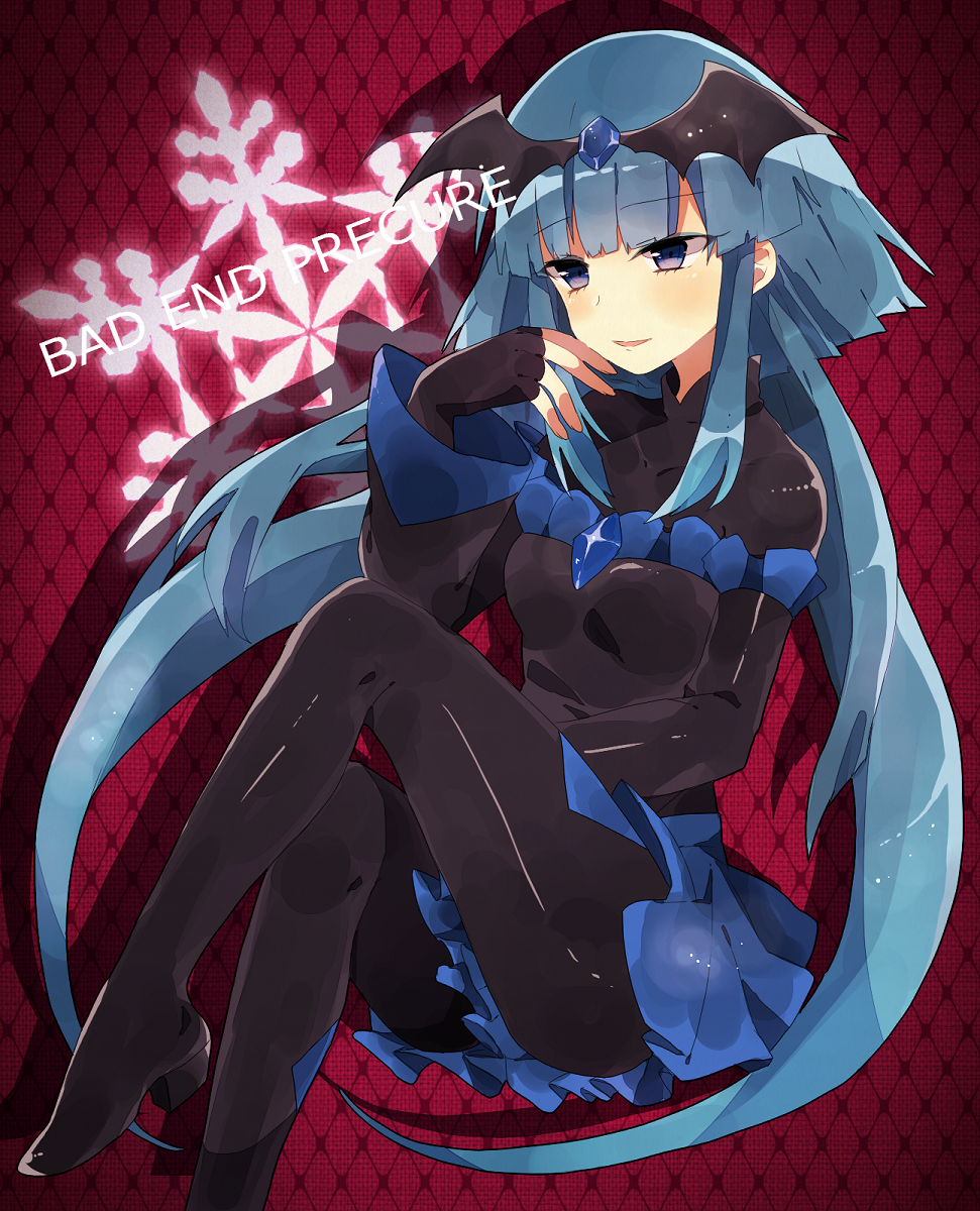 1girl, argyle, argyle_background, bad_end_beauty, bad_end_precure, blue_dress, blue_eyes, blue_hair, bodysuit, dress, fingerless_gloves, gem, gloves, long_hair, pink_background, precure, riiu, skirt, smile, smile_precure!, solo, tiara