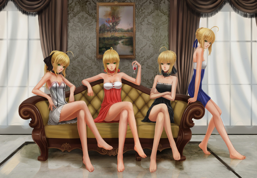 4girls, artoria_pendragon_(all), artoria_pendragon_(fate), bare_shoulders, barefoot, blonde_hair, bow, couch