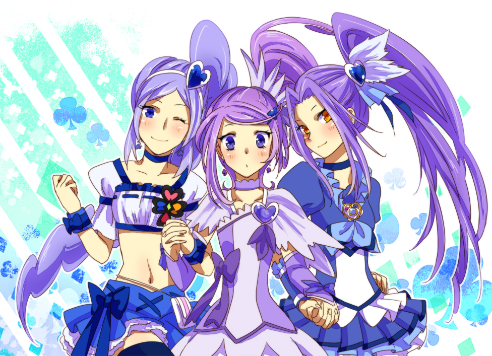 3girls, aono_miki, black_legwear, blue_background, blush, brooch, choker, clubs