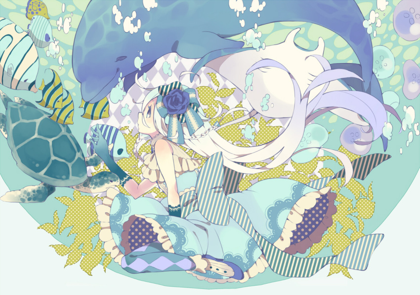1girl, blue_eyes, booota, bubble, dolphin, dress, fish, flower