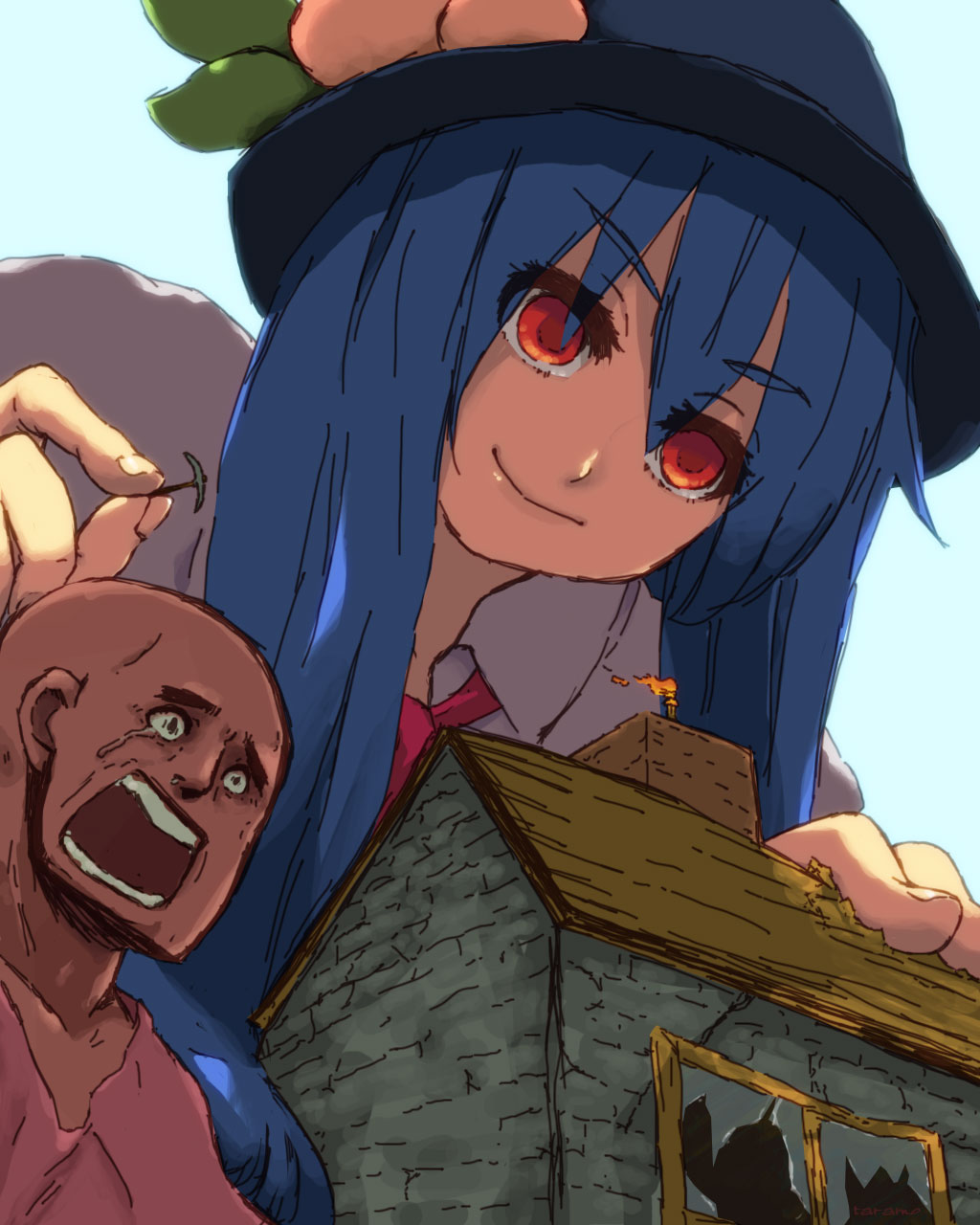 giantess, hinanawi_tenshi, minecraft, pickaxe, taramo, torch, touhou