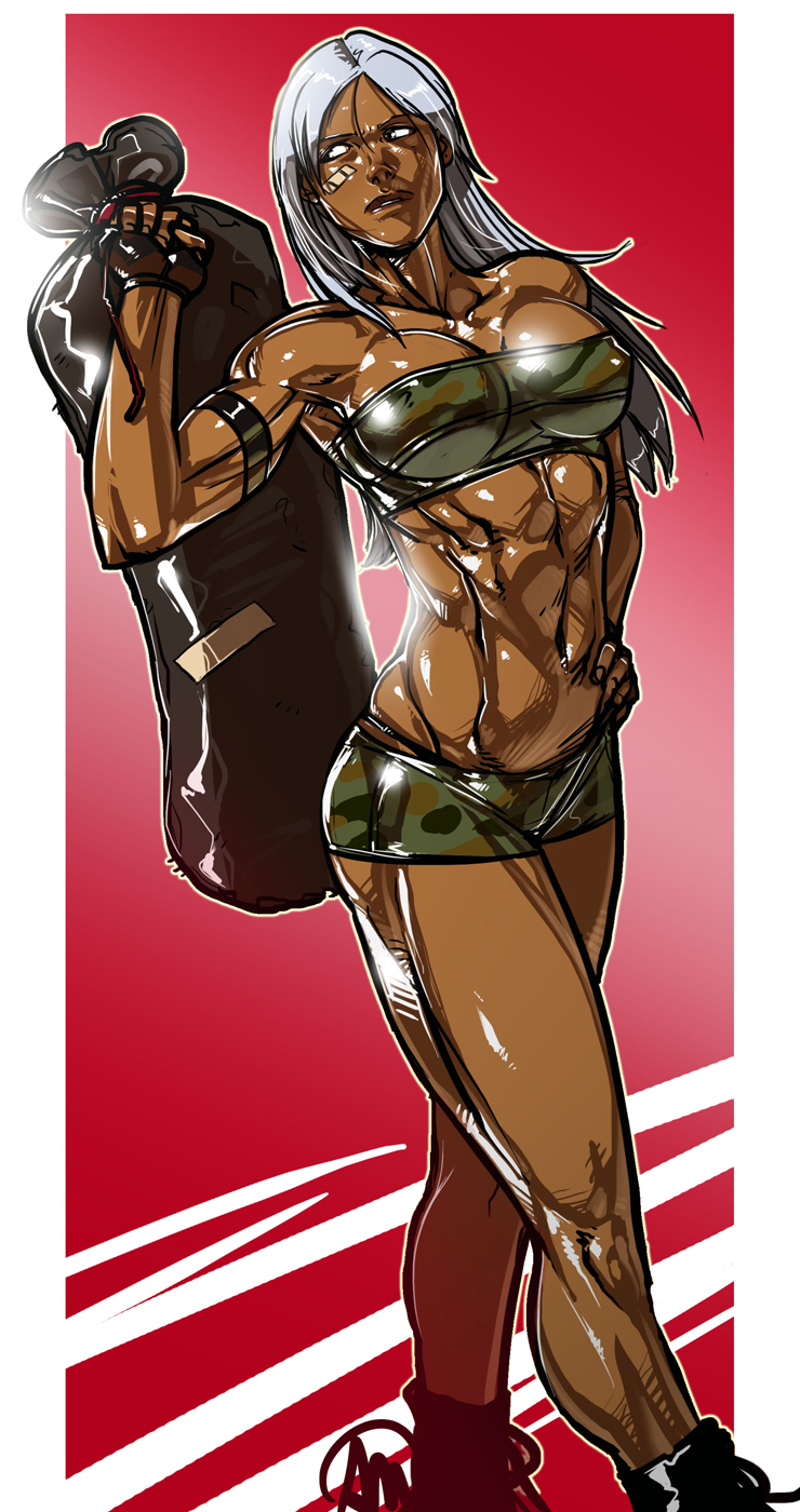 1girl, abs, armband, bag, bandaid, bare_shoulders, black_panties, breasts