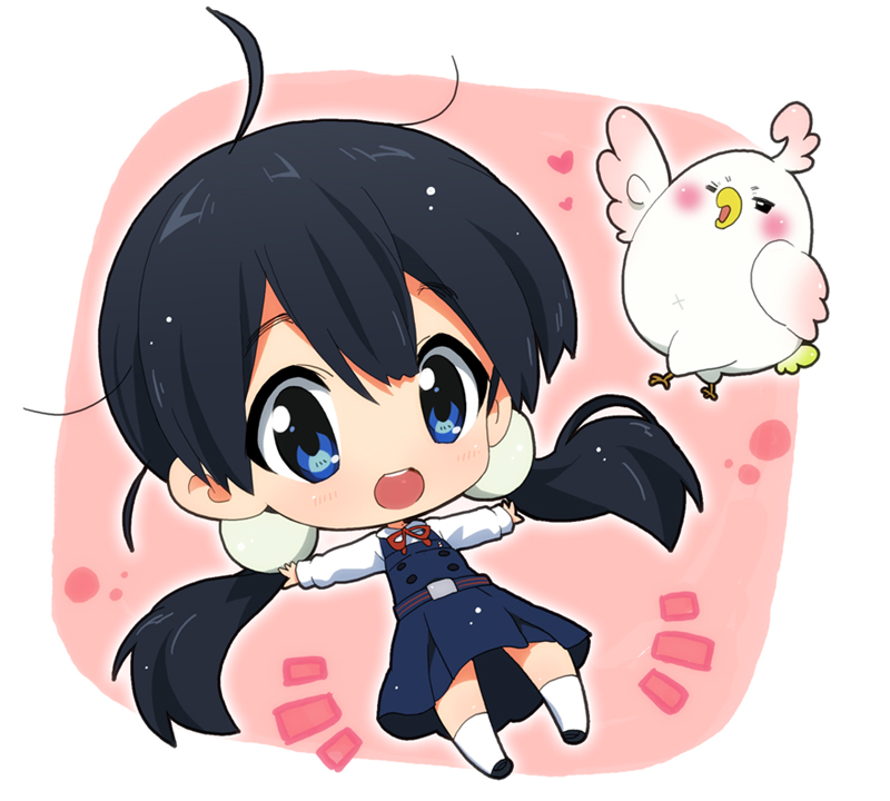1girl, bird, black_hair, blue_eyes, blush, chibi, dera_mochi'mazzui, hahifuhe