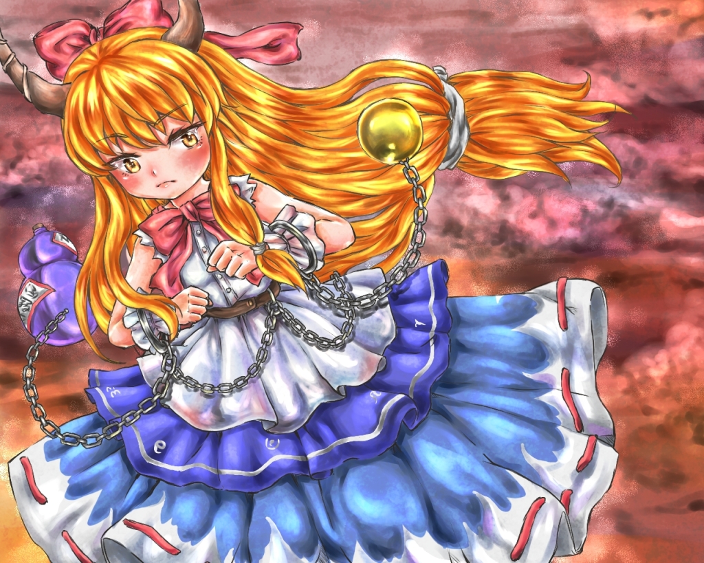 1girl, belt, bow, chain, clenched_hand, cloudy_sky, cuffs, frown