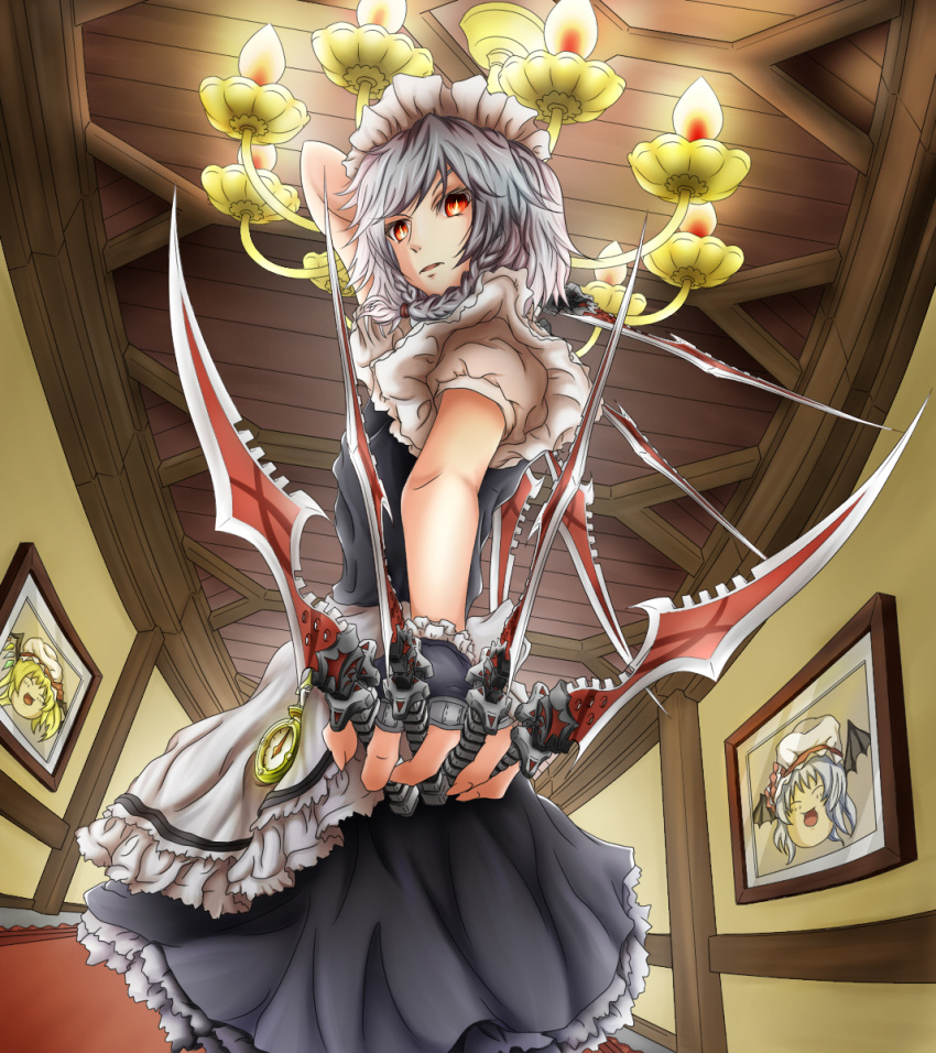 1girl, apron, arm_behind_head, between_fingers, braid, ceiling, chandelier, fingerless_gloves