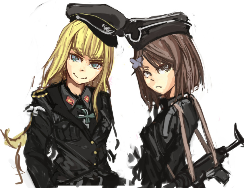 2girls, blonde_hair, blue_eyes, brown_eyes, brown_hair, daiteikoku, ermi_doenitz, gun