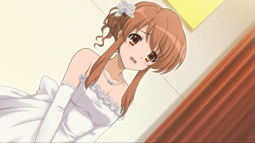 1girl, alternate_hairstyle, asahina_mikuru, bare_shoulders, berries, blush, bow, bride