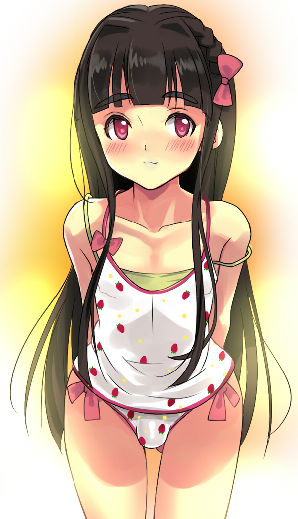 1boy, :3, arms_behind_back, bangs, bare_shoulders, black_hair, blunt_bangs, blush, bow, bow_panties, braid, bulge, camisole, collarbone, crossdressinging, flat_chest, hair_ribbon, leaning_forward, long_hair, no_pants, original, panties, payot, pink_eyes, print_panties, rand_(artist), ribbon, smile, solo, strap_slip, strawberry_panties, strawberry_print, trap, underwear, very_long_hair