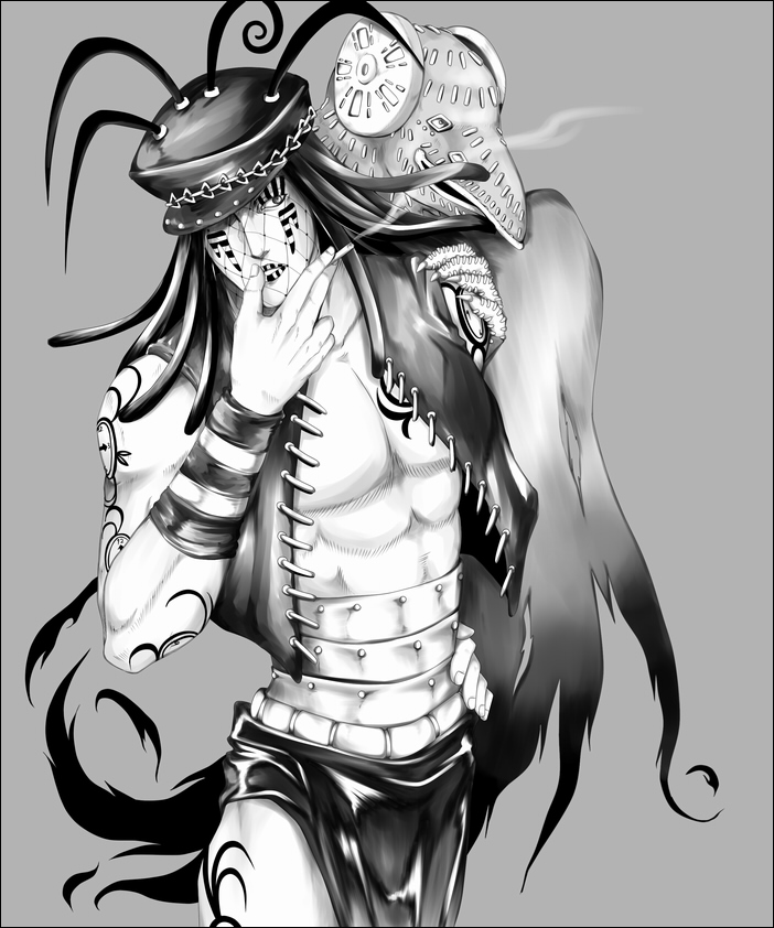 1boy, feathers, hat, jojo_no_kimyou_na_bouken, oyecomova, shiemasu, stand_(jojo), stitches, veil, vest