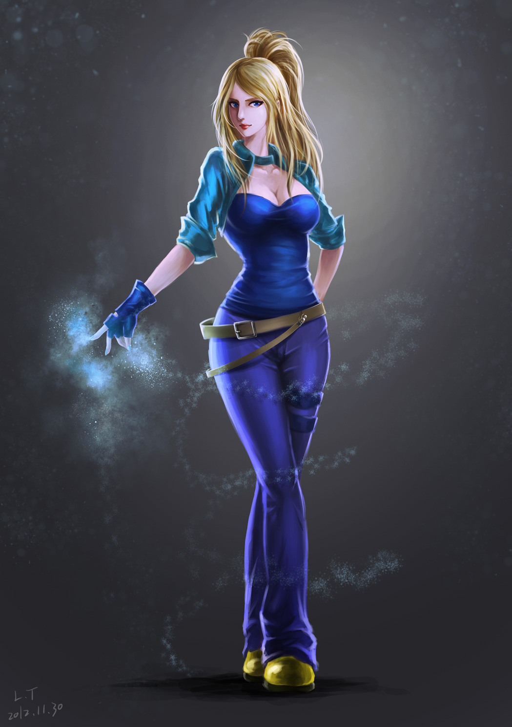 1girl, belt, blonde_hair, blue_eyes, breasts, casual, cleavage, cropped_jacket