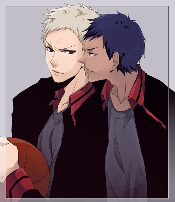 2boys, aomine_daiki, basketball, black_eyes, black_hair, blonde_hair, blue_hair, dark_skin