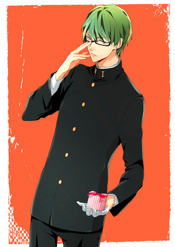 1boy, adjusting_glasses, bandages, gakuran, gift, glasses, green_eyes, green_hair