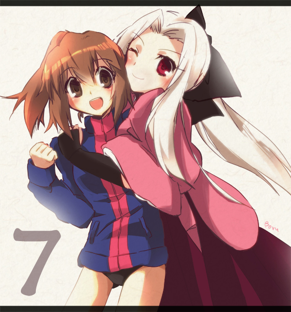 2girls, artist_name, blush, boru-boru, bow, brown_eyes, brown_hair, buruma