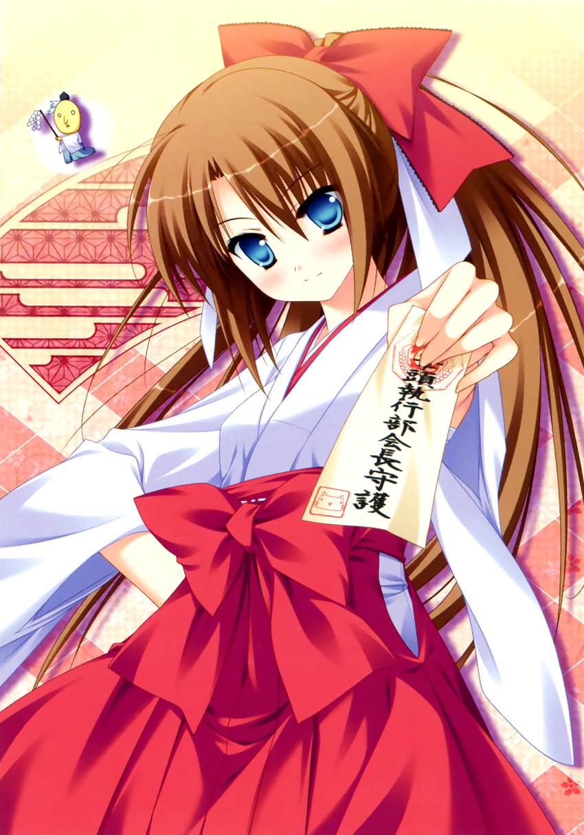 1girl, absurdres, blue_eyes, brown_hair, diamic_days, hakama, highres, himenogawa_kanaka