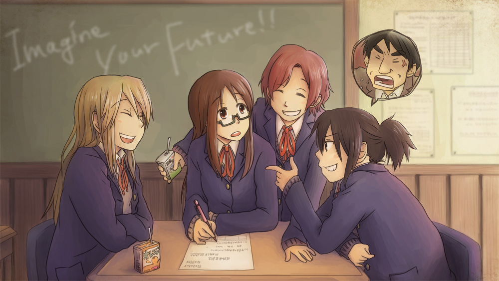 4girls, black_hair, bonjin, brown_eyes, brown_hair, chalkboard, death_devil, della_(k-on!)