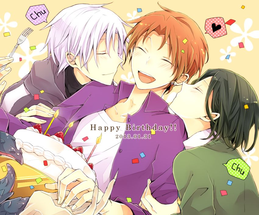 3boys, ^_^, birthday_cake, black_hair, blush, closed_eyes, dutch_angle, fate/zero, fate_(series), happy_birthday, heart, iyu_(panna), matou_kariya, multiple_boys, orange_hair, spoken_heart, tentacles, uryuu_ryuunosuke, waver_velvet, white_hair