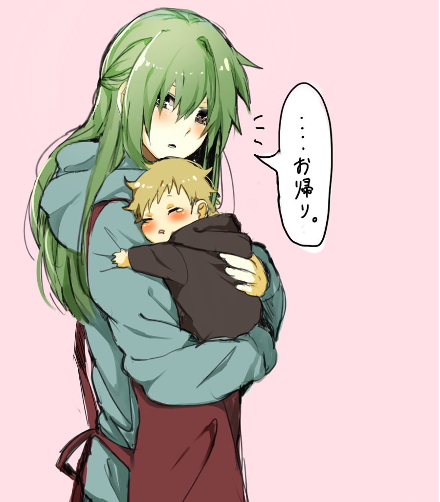 1boy, 1girl, apron, baby, blush, brown_hair, carrying, green_hair