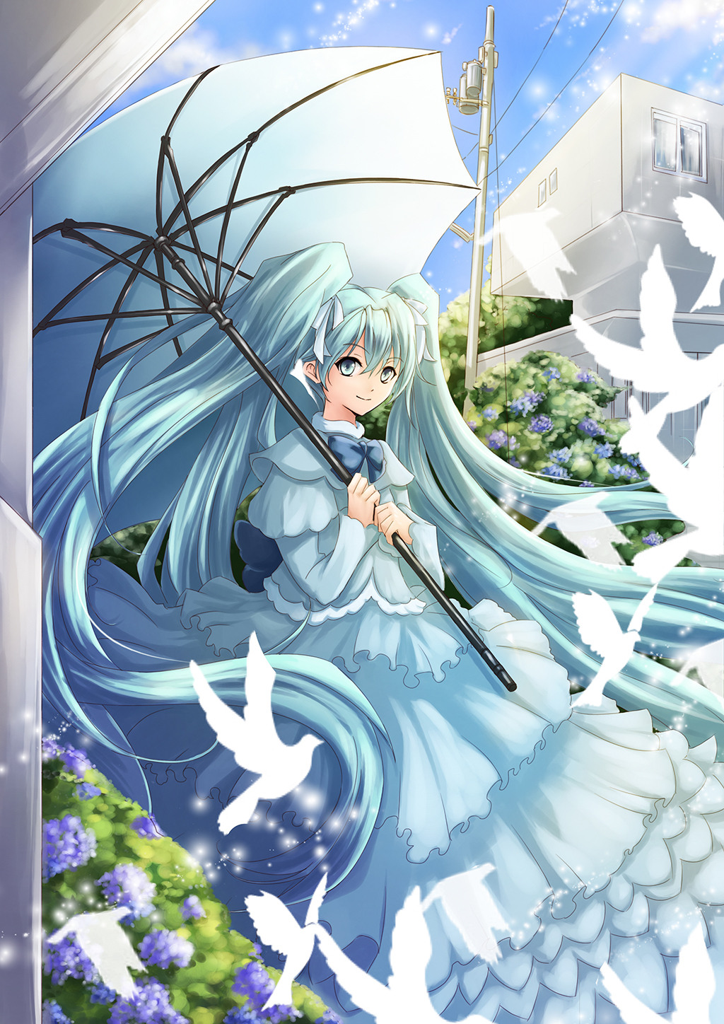 1girl, aata1007, aqua_eyes, aqua_hair, bird, clouds, dress, flower