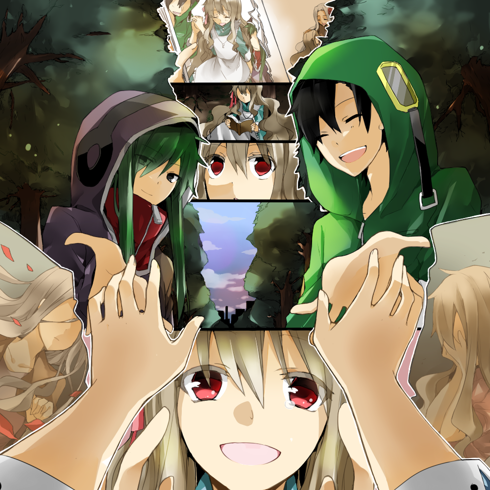 black_hair, book, closed_eyes, dress, hoodie, kagerou_project, kido_(kagerou_project), long_hair