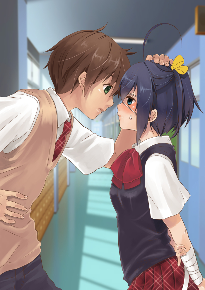 1boy, 1girl, bandages, black_hair, blue_eyes, blush, brown_hair, chuunibyou_demo_koi_ga_shitai!