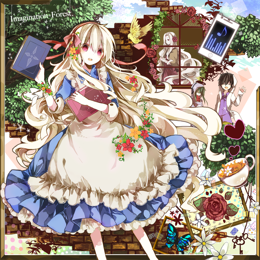 1boy, 3girls, bird, black_hair, blonde_hair, book, dress, flower