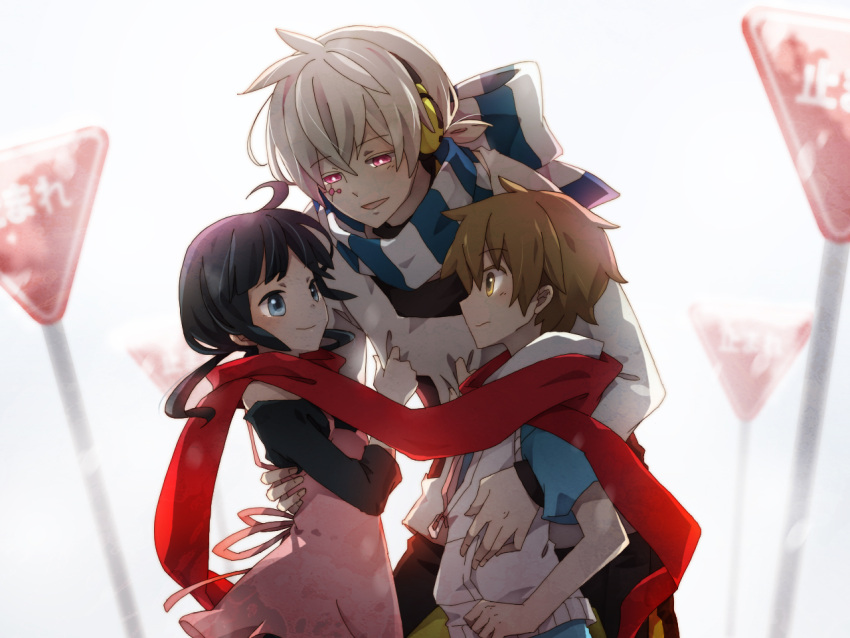 1girl, 2boys, aa_shirotakabu, black_hair, blue_eyes, group_hug, headphones, hibiya_(kagerou_project)