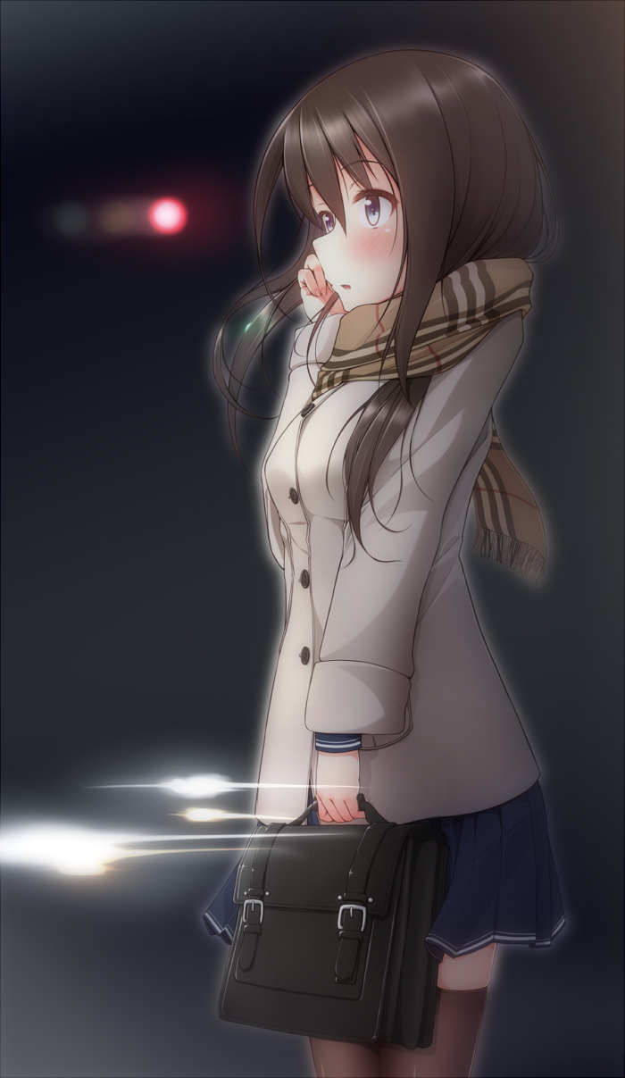 1girl, bag, black_hair, blue_eyes, blush, coat, highres, kuroneko_shiro