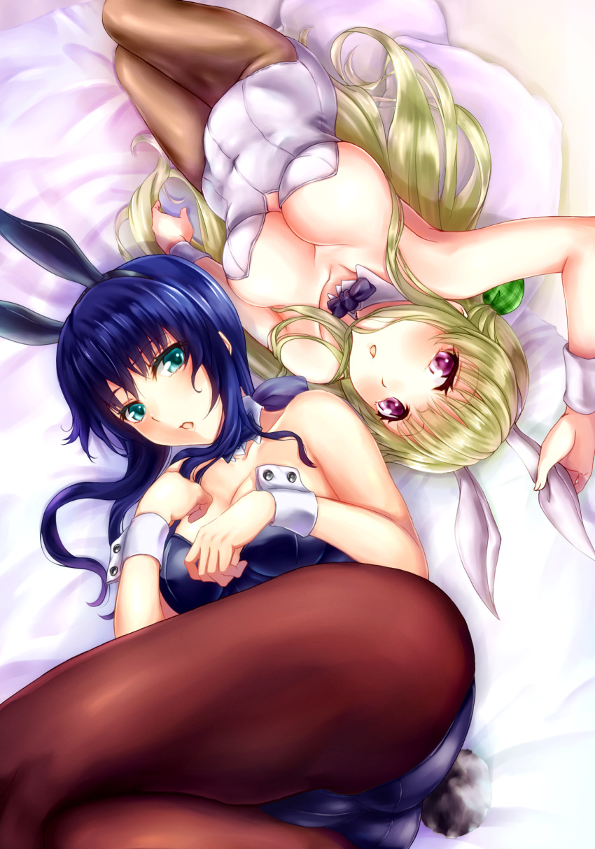 2girls, animal_ears, blonde_hair, blue_hair, bowtie, bunny_tail, bunnysuit, detached_collar, green_eyes, kanon, kawasumi_mai, kurata_sayuri, long_hair, lying, multiple_girls, pantyhose, rabbit_ears, rei_x_mako, tail, violet_eyes, wrist_cuffs