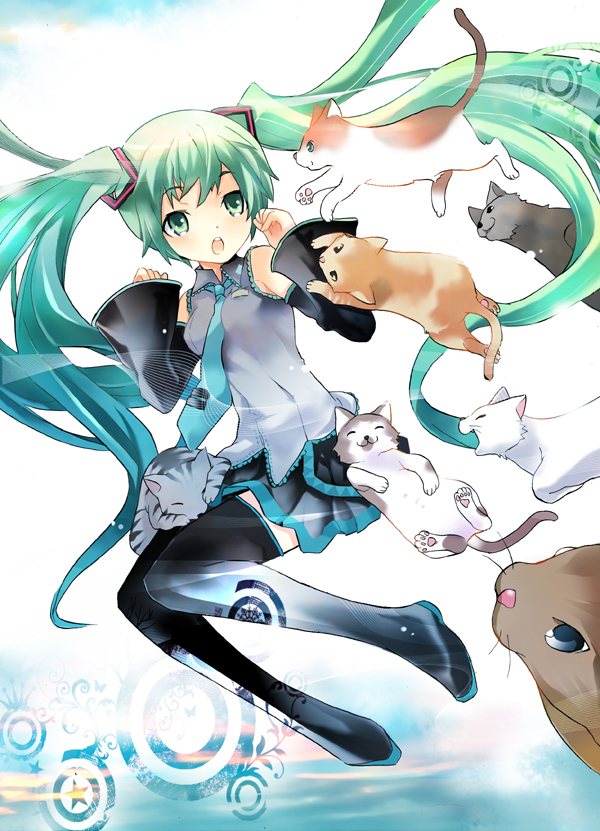 1girl, boots, cat, detached_sleeves, green_eyes, green_hair, hatsune_miku, long_hair