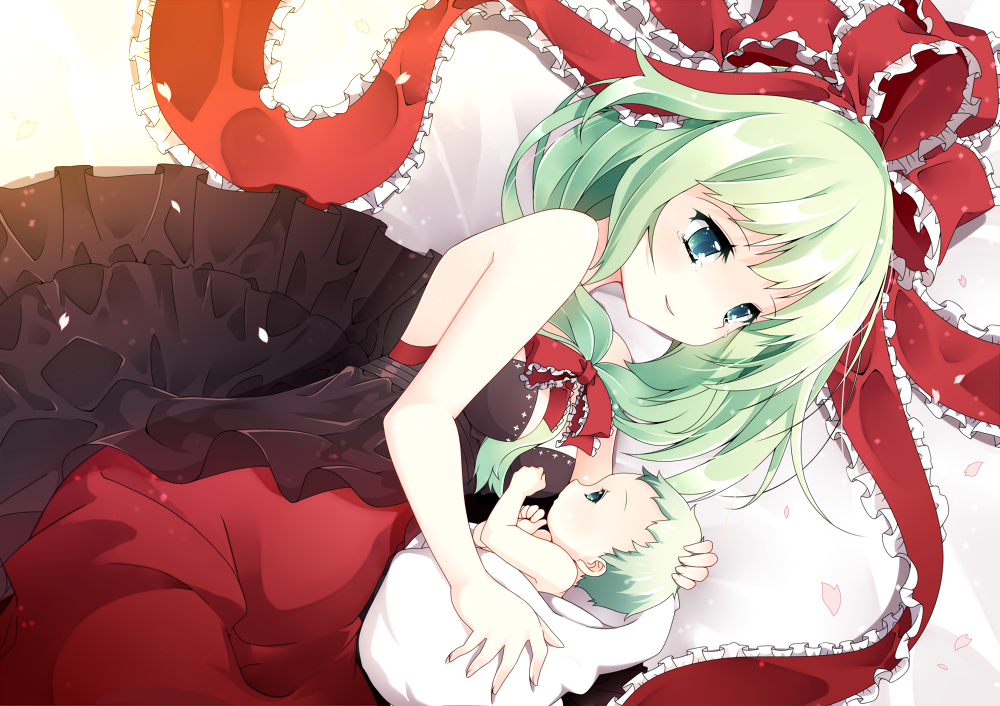 1girl, alternate_costume, aqua_eyes, baby, bare_arms, bare_shoulders, between_breasts, breasts
